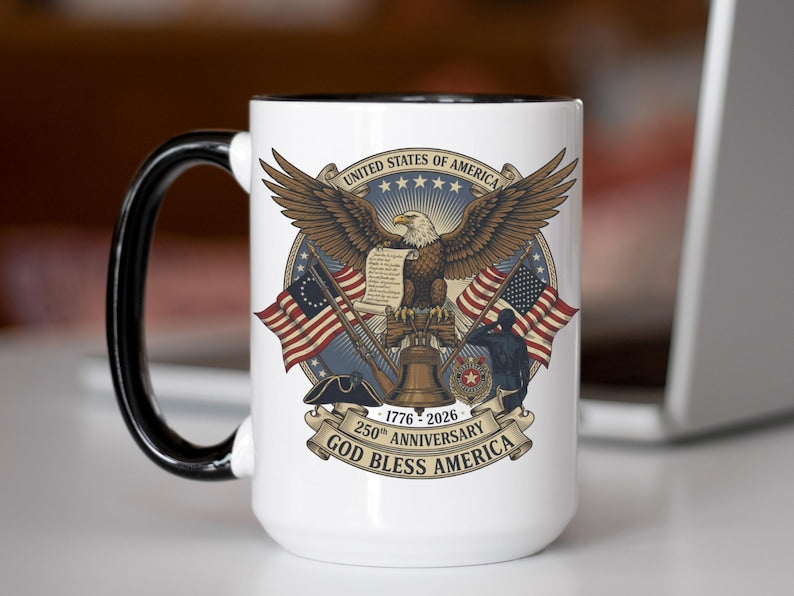Usa 250th Anniversary Mug Semiquincentennial Patriotic Eagle Liberty Bell 1776 2026 Veteran Gift Historic Americana Crest Cup