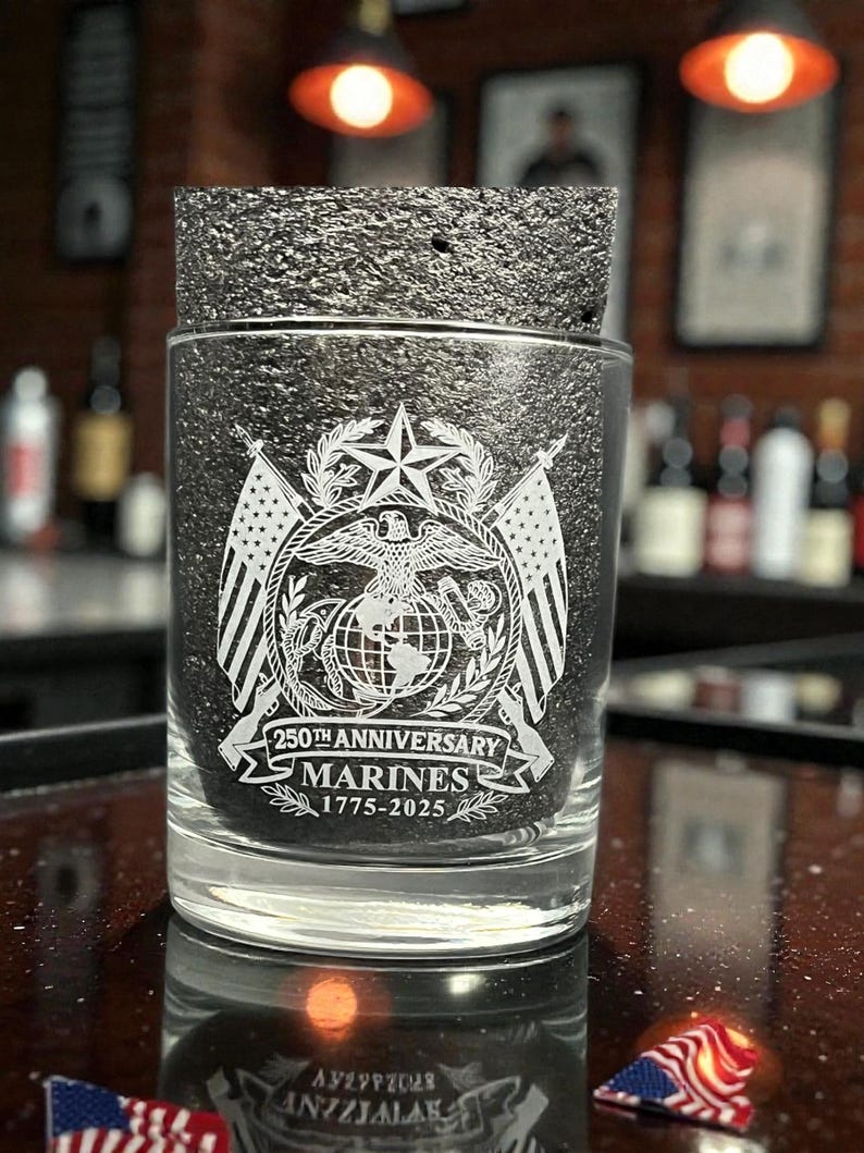 Us Marine Corps 250th Anniversary Whiskey Glass Double Old Fashioned Military Veteran Gift Usmc Commemorative Glass