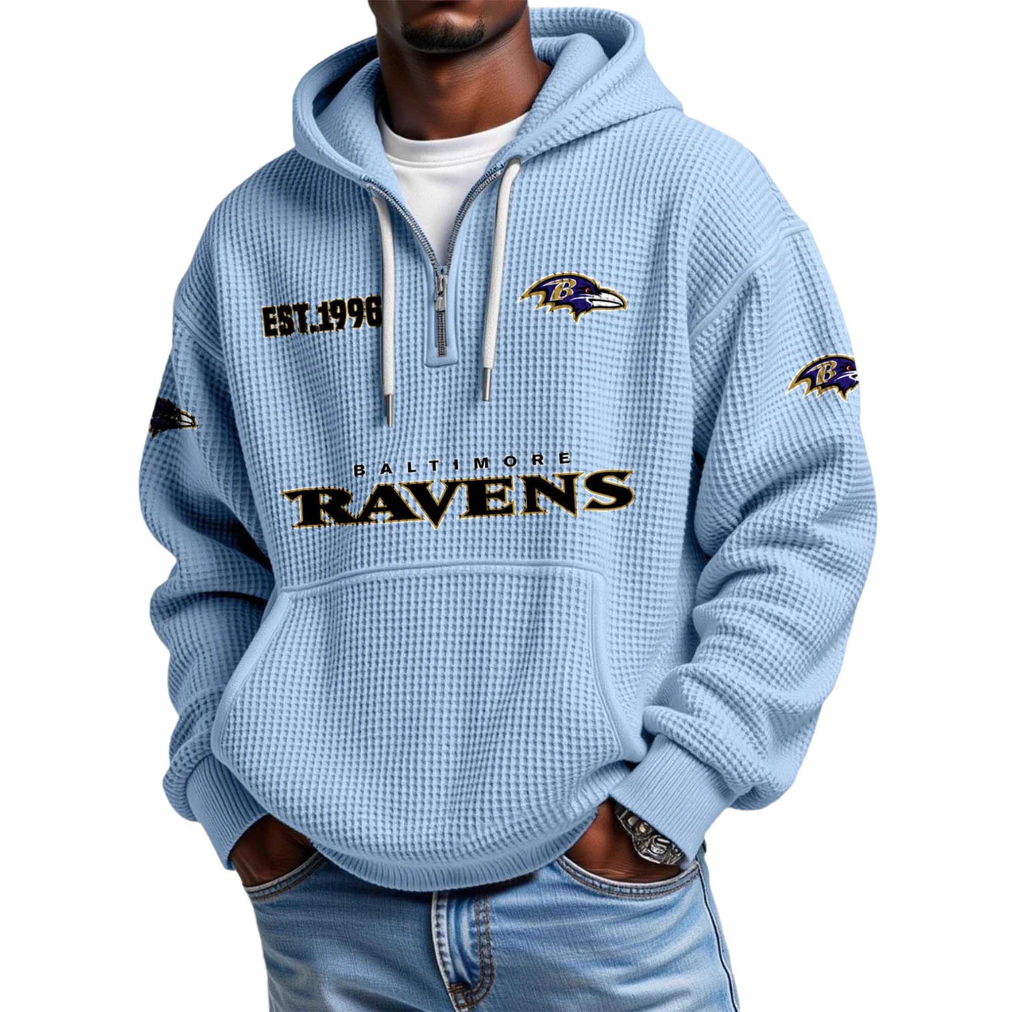 Baltimore Ravens EST 1996 Printed Quarter Zip Waffle Football Fan Hoodie