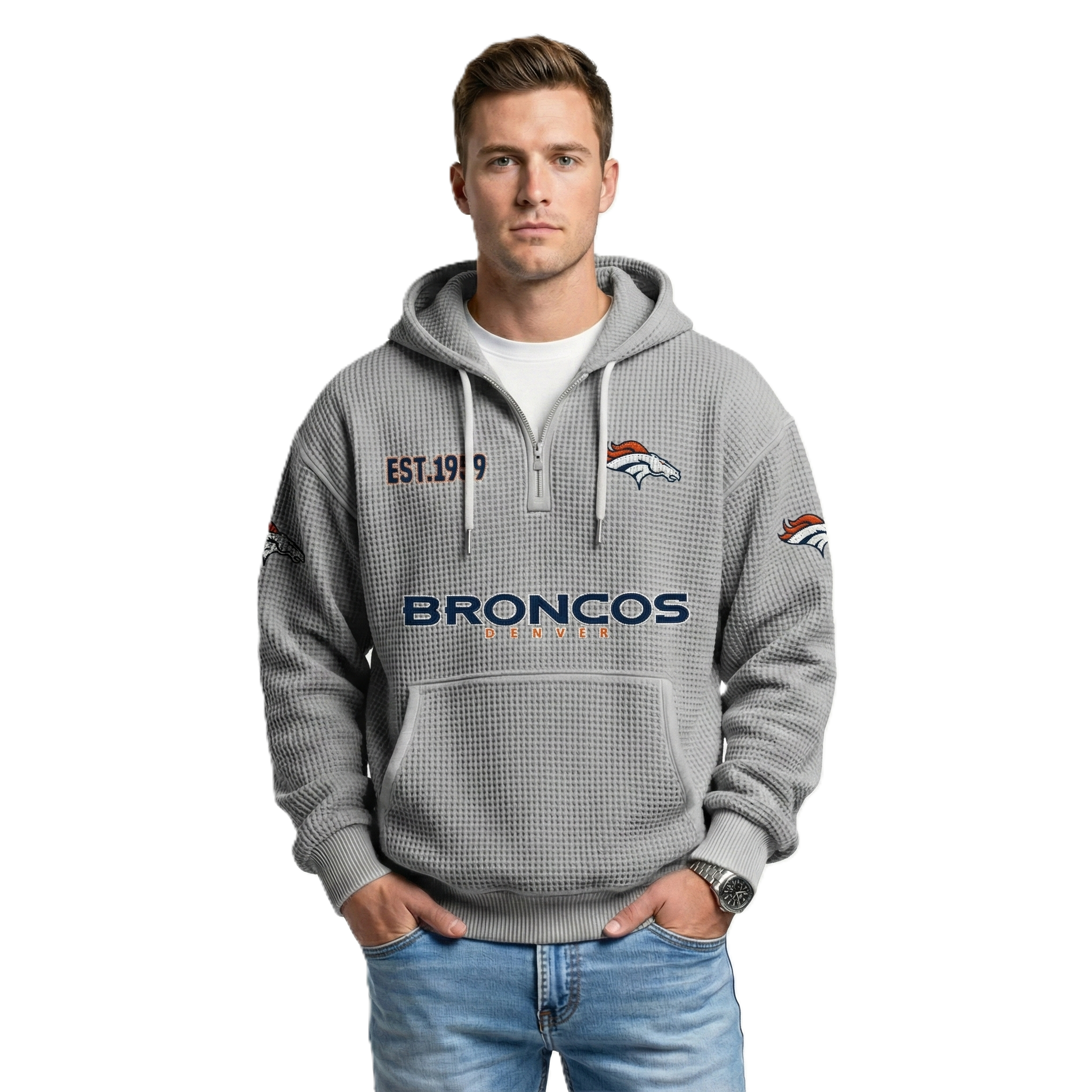 Denver Broncos EST 1959 Printed Quarter Zip Hoodie