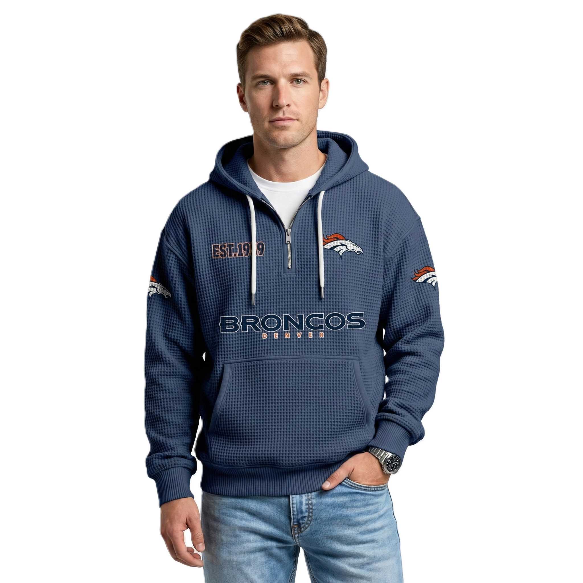 Denver Broncos EST 1959 Printed Quarter Zip Hoodie