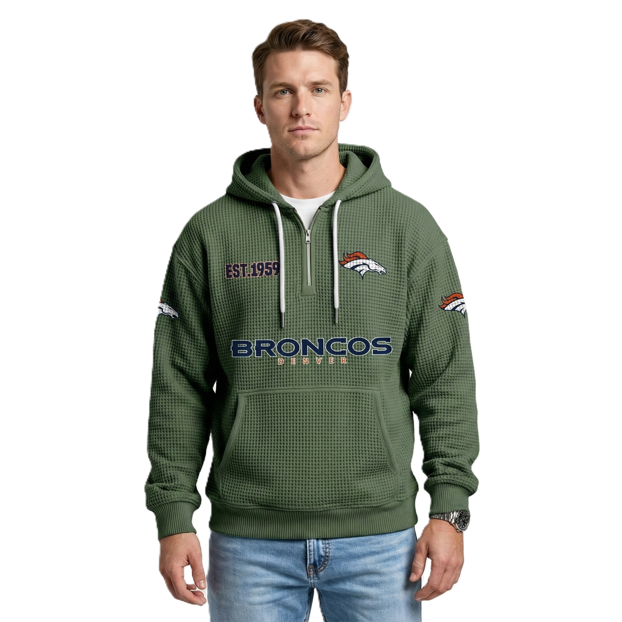 Denver Broncos EST 1959 Printed Quarter Zip Hoodie