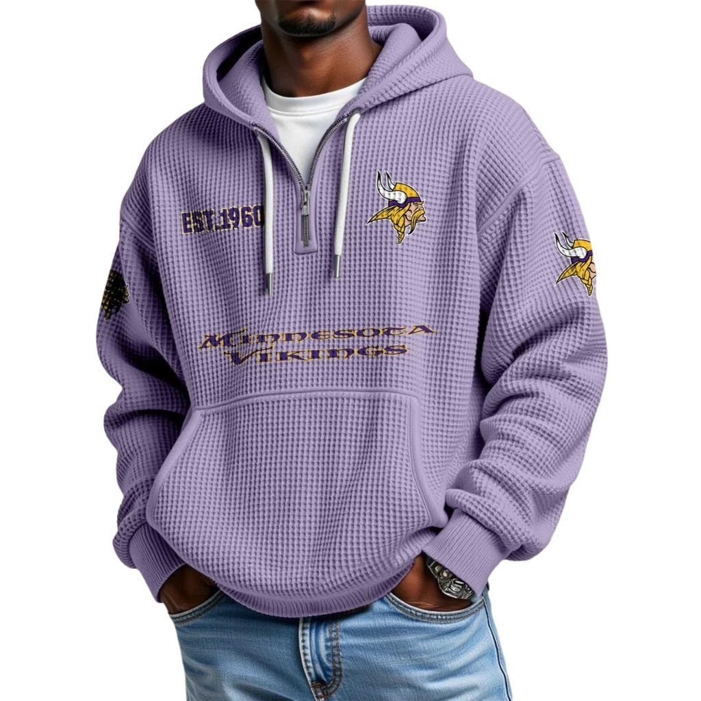 Minnesota Vikings Football Team Themed Hoodie With Quarter Zip And Classic EST 1960 Logo