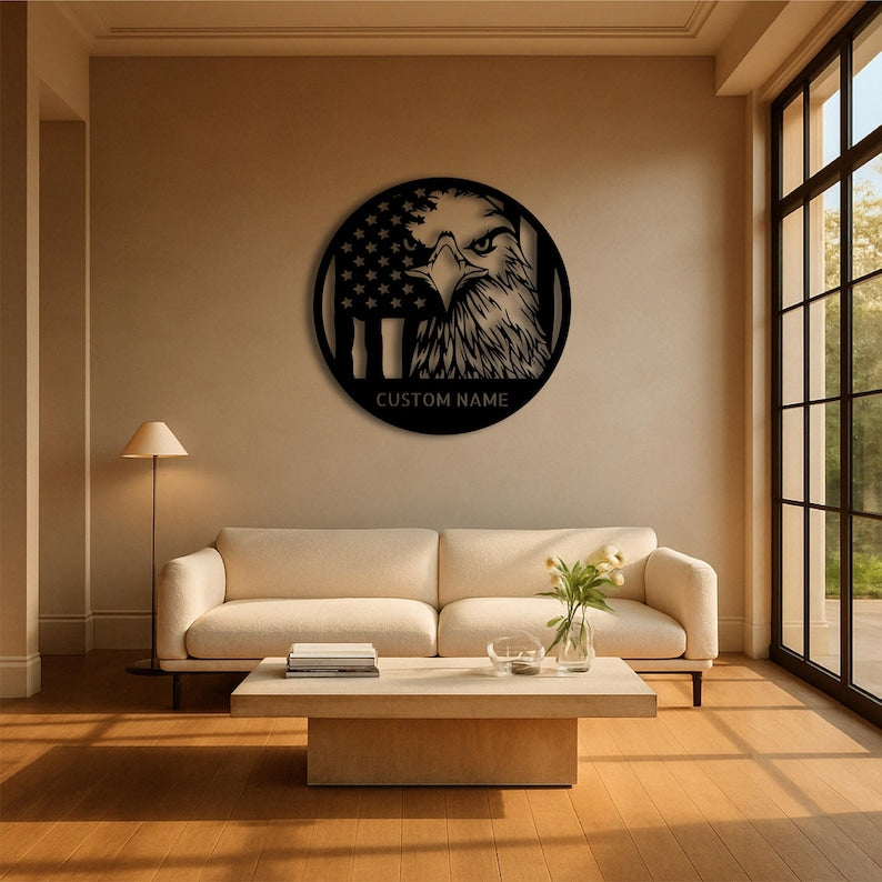 Custom Eagle Metal Wall Art Personalized American Flag Sign Patriotic Round Steel Wall Decor for Veterans, Military, Garage or Man Cave