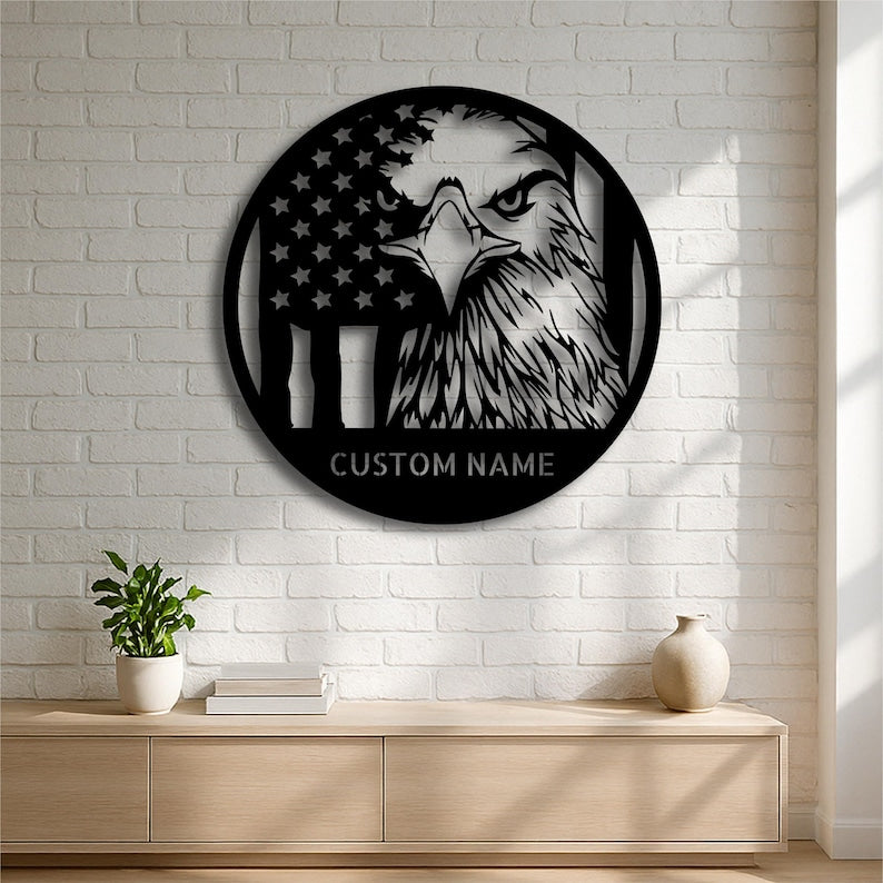 Custom Eagle Metal Wall Art Personalized American Flag Sign Patriotic Round Steel Wall Decor for Veterans, Military, Garage or Man Cave