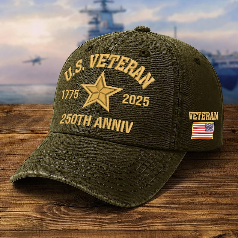 Embroidered Veteran Hats - 250th Anniv Military Cap, Embroidered Patch Design, Adjustable Baseball Cap, Father's Day Gift, Vets Gifts
