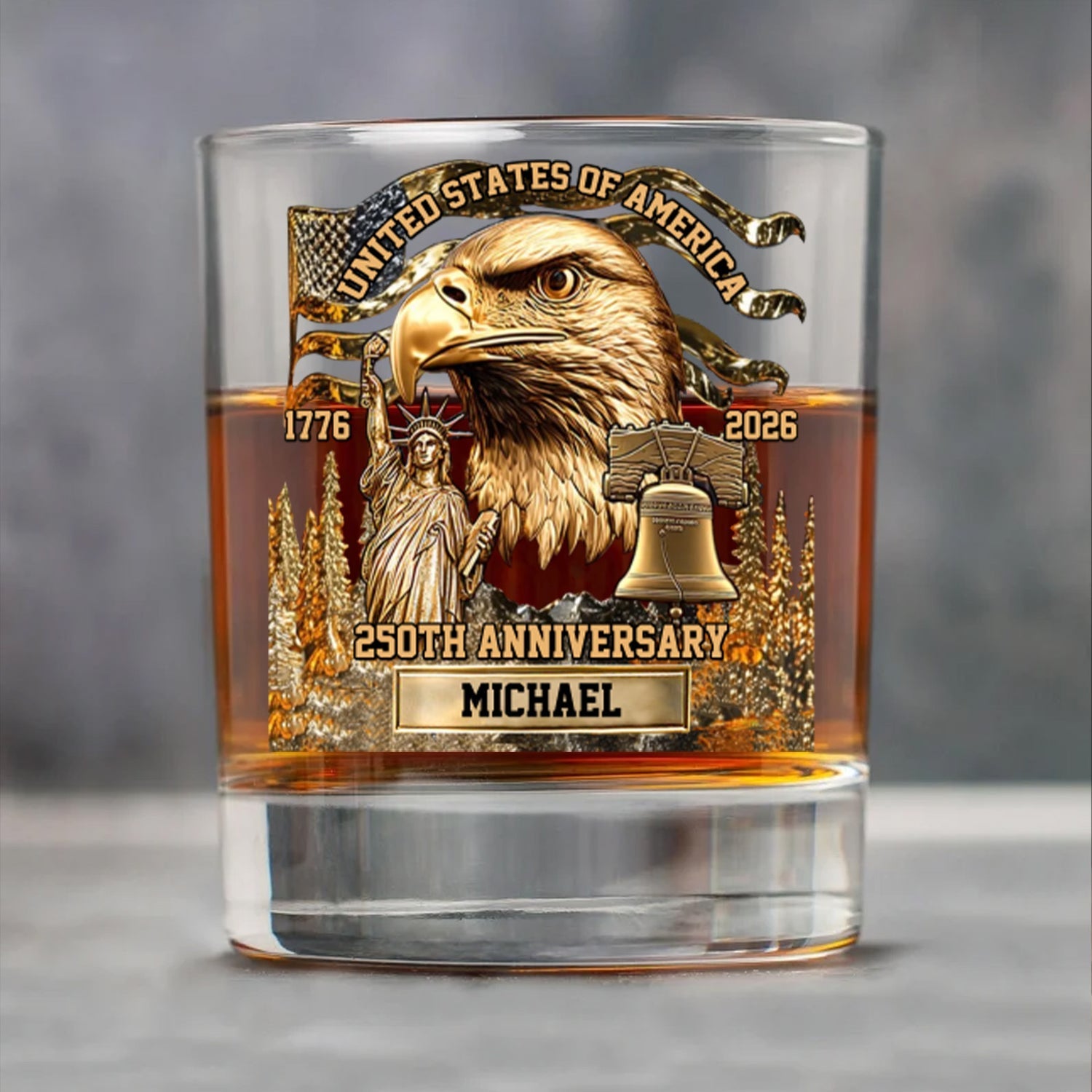 Custom Name 250 Years Anniversary 1776 2026 Whiskey Glass | Patriotic 4th of July Whiskey Glass
