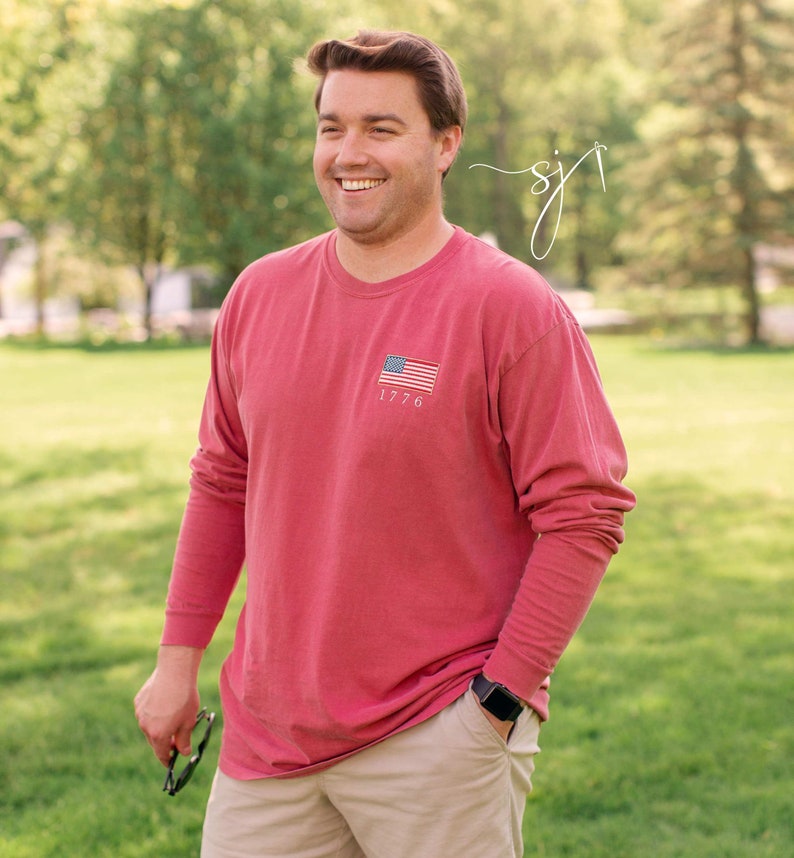 1776 Embroidered American Flag Tee Tank Long Sleeve Crewneck Sweatshirt  Patriotic Vintage Inspired 4th Of July Usa Shirt