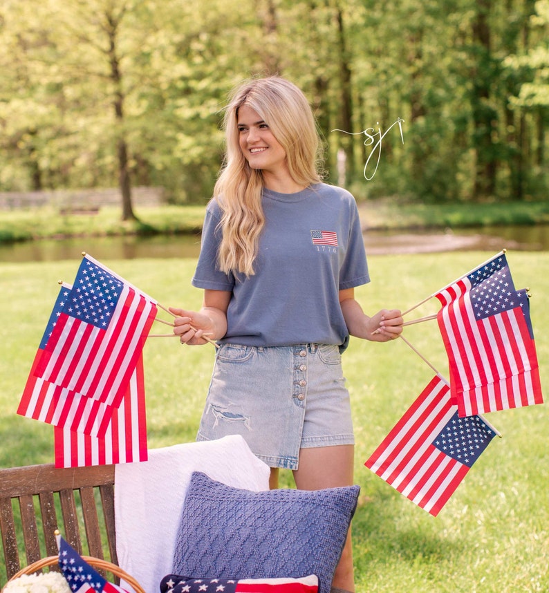 1776 Embroidered American Flag Tee Tank Long Sleeve Crewneck Sweatshirt  Patriotic Vintage Inspired 4th Of July Usa Shirt