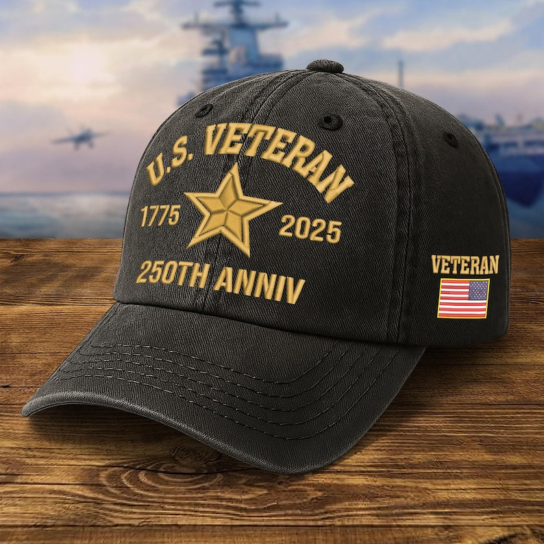 Embroidered Veteran Hats   250th Anniv Military Cap Embroidered Patch Design Adjustable Baseball Cap Fathers Day Gift Vets Gifts