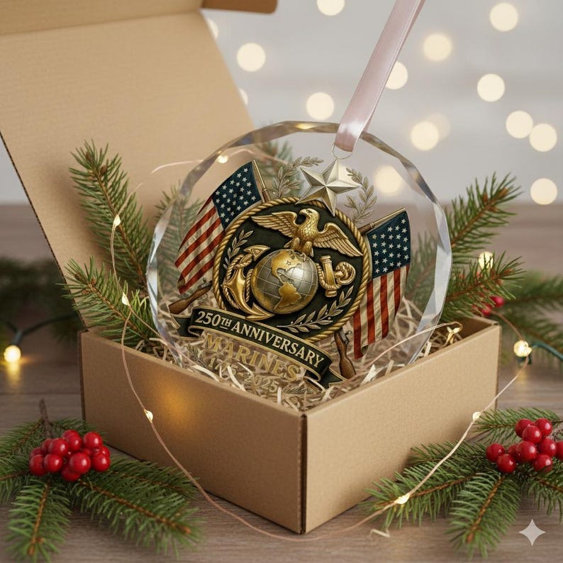 Marine 250th Anniversary Glass Ornament Military Veteran Christmas Gift Keepsake Marine Christmas Tree Decor