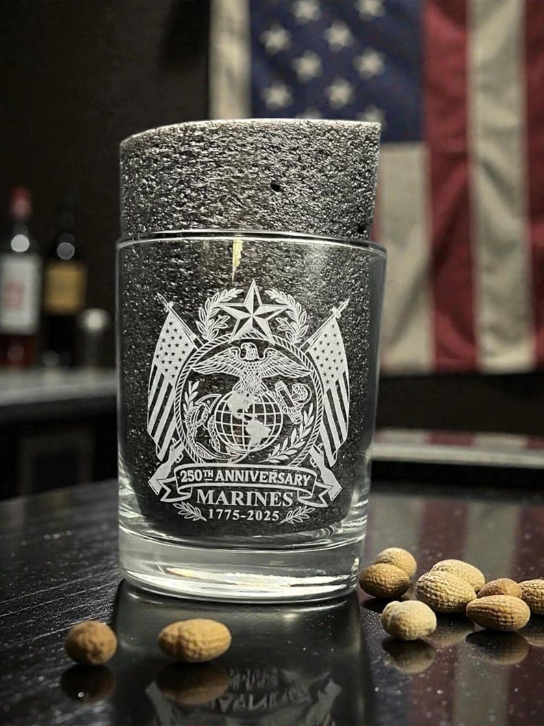 Us Marine Corps 250th Anniversary Whiskey Glass  Double Old Fashioned  Military Veteran Gift  Usmc Commemorative Glass