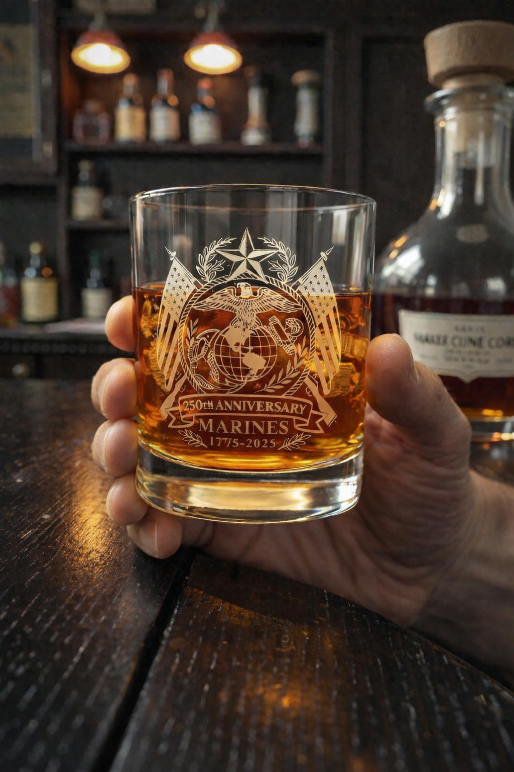 Us Marine Corps 250th Anniversary Whiskey Glass  Double Old Fashioned  Military Veteran Gift  Usmc Commemorative Glass