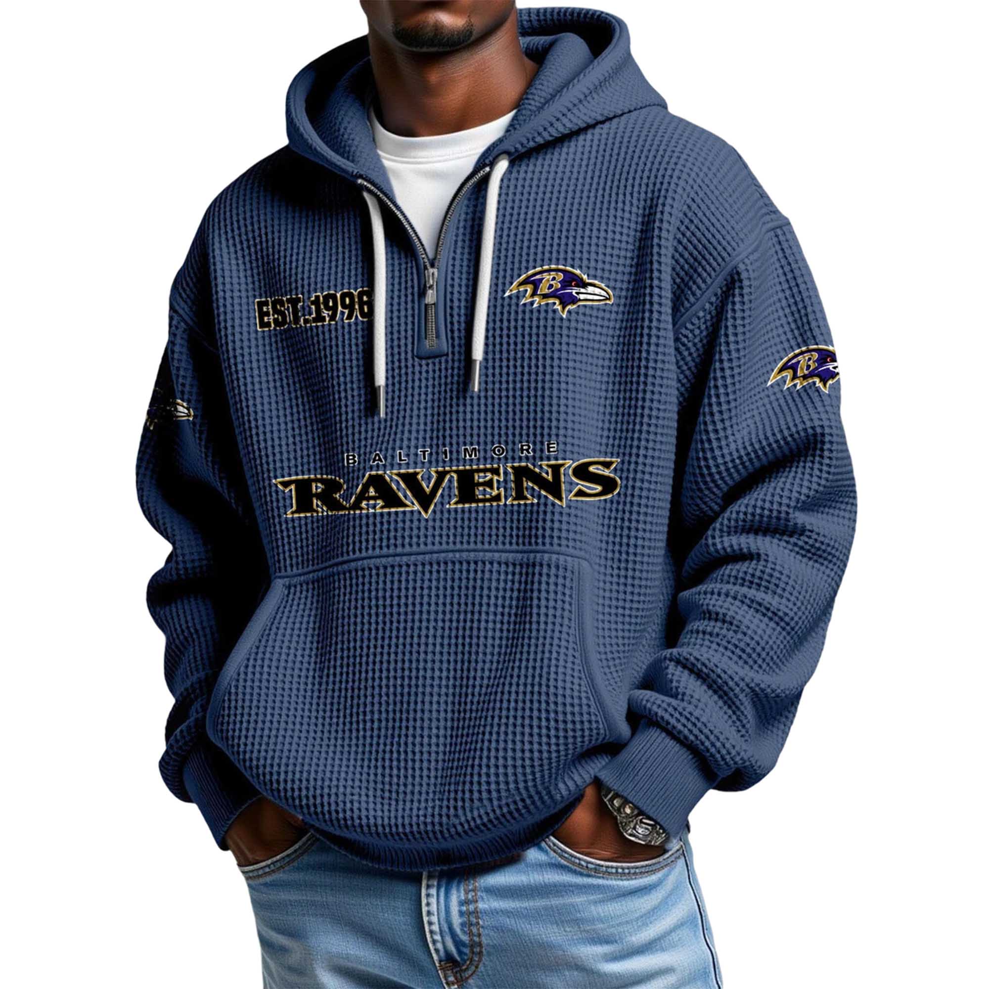 Baltimore Ravens EST 1996 Printed Quarter Zip Waffle Football Fan Hoodie