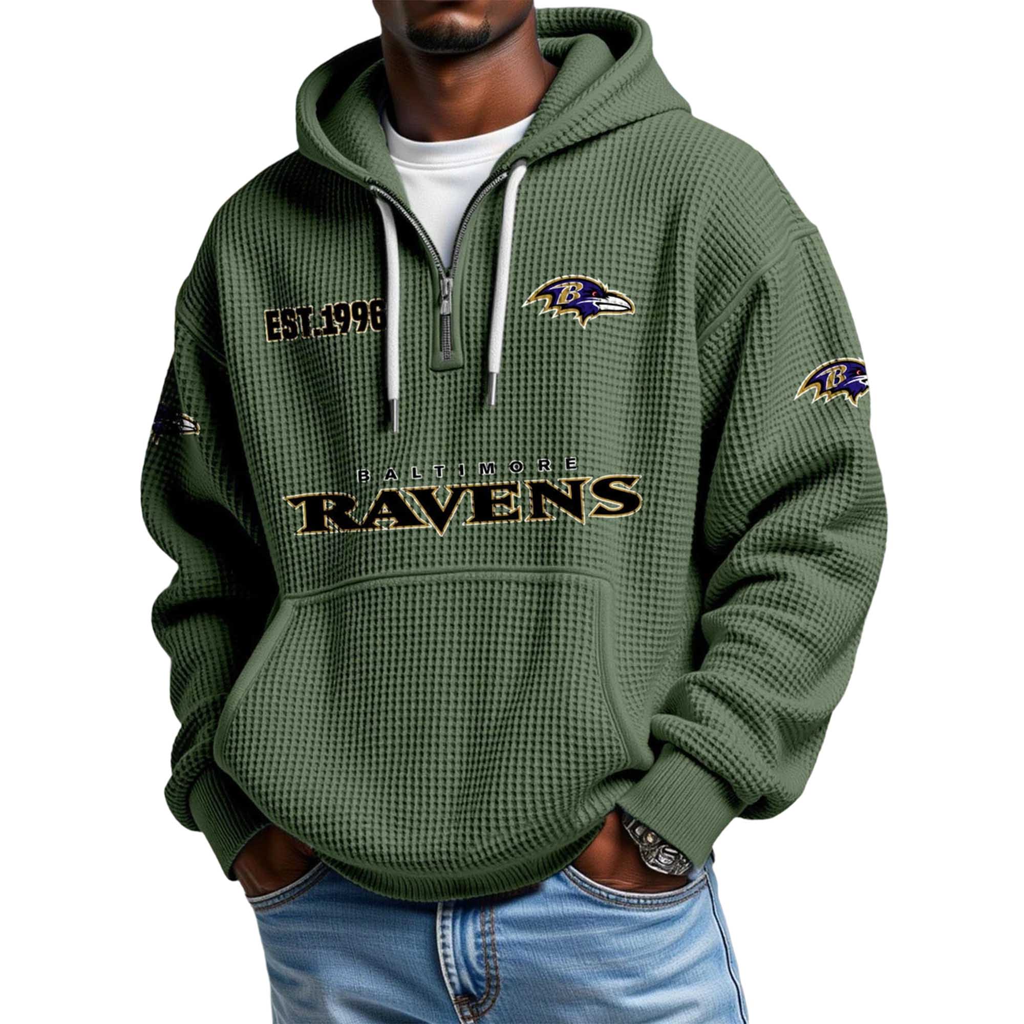 Baltimore Ravens EST 1996 Printed Quarter Zip Waffle Football Fan Hoodie
