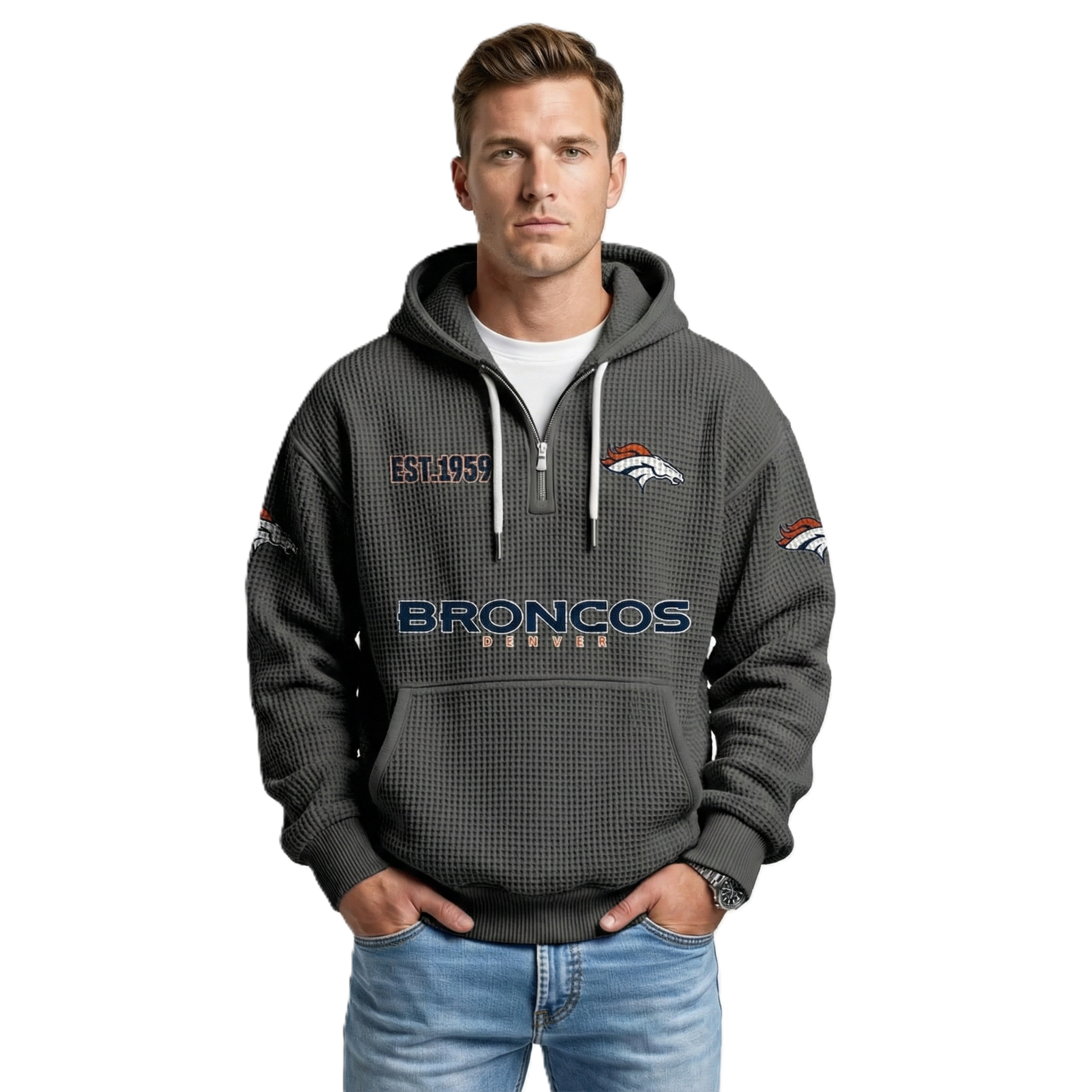 Denver Broncos EST 1959 Printed Quarter Zip Hoodie
