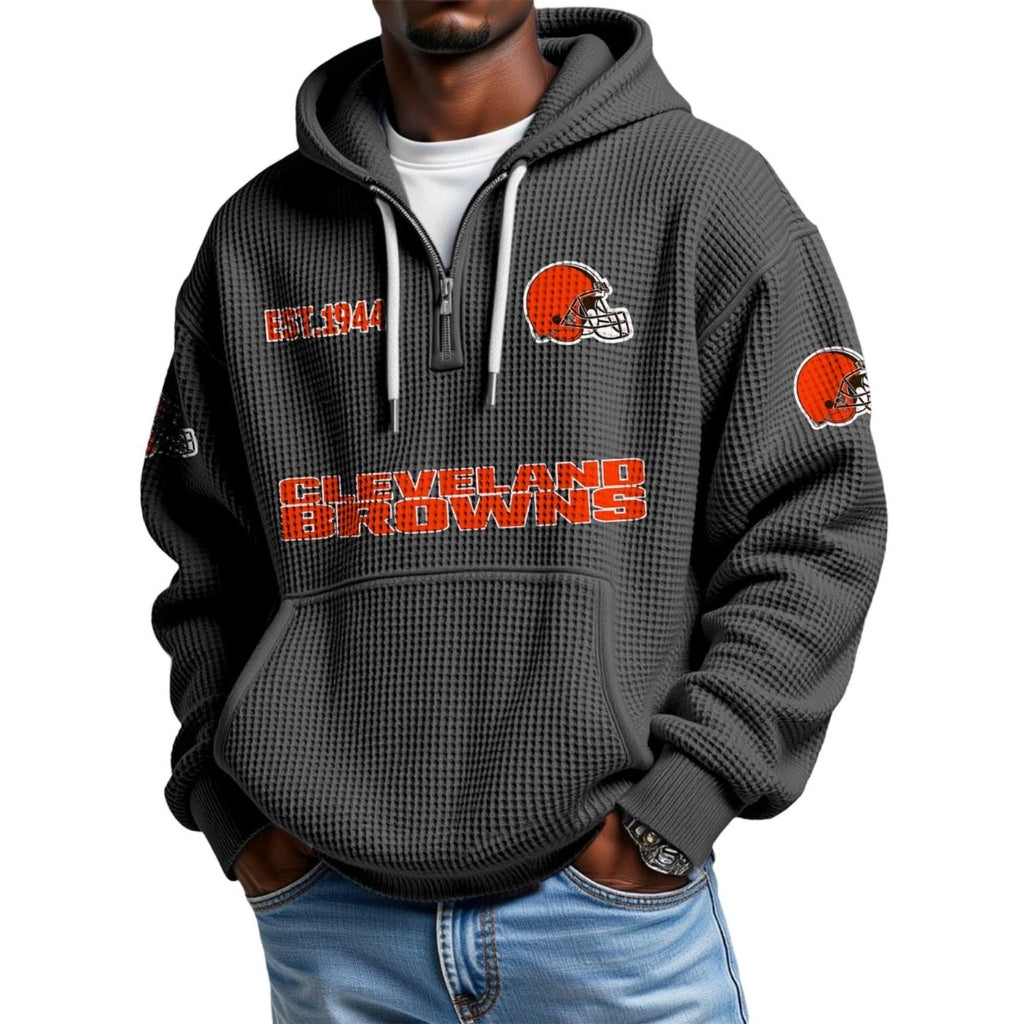 Waffle Quarter Zip Hoodie With Vintage Sports Design