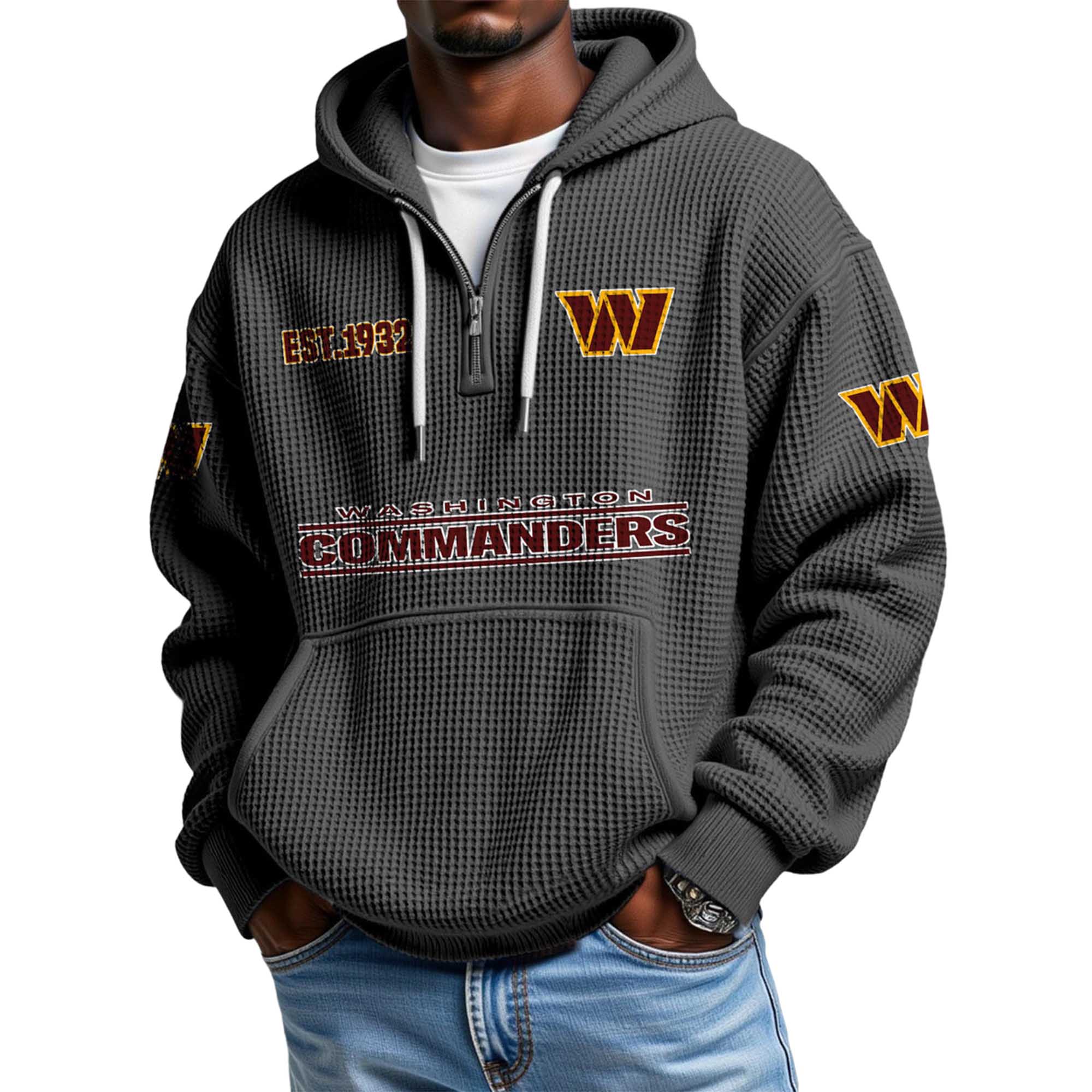 Washington Commanders EST 1932 Themed Quarter Zip Waffle Football Fan Hoodie