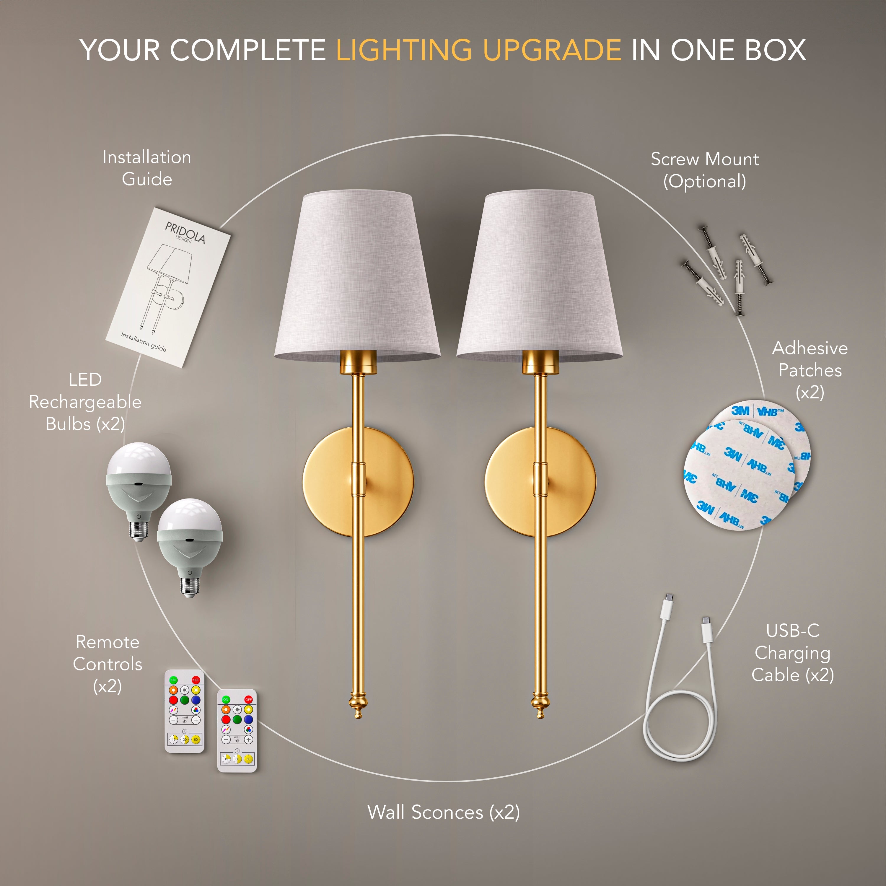 WIRELESS WALL SCONCES (SET OF 2 + 2 BULBS FREE)