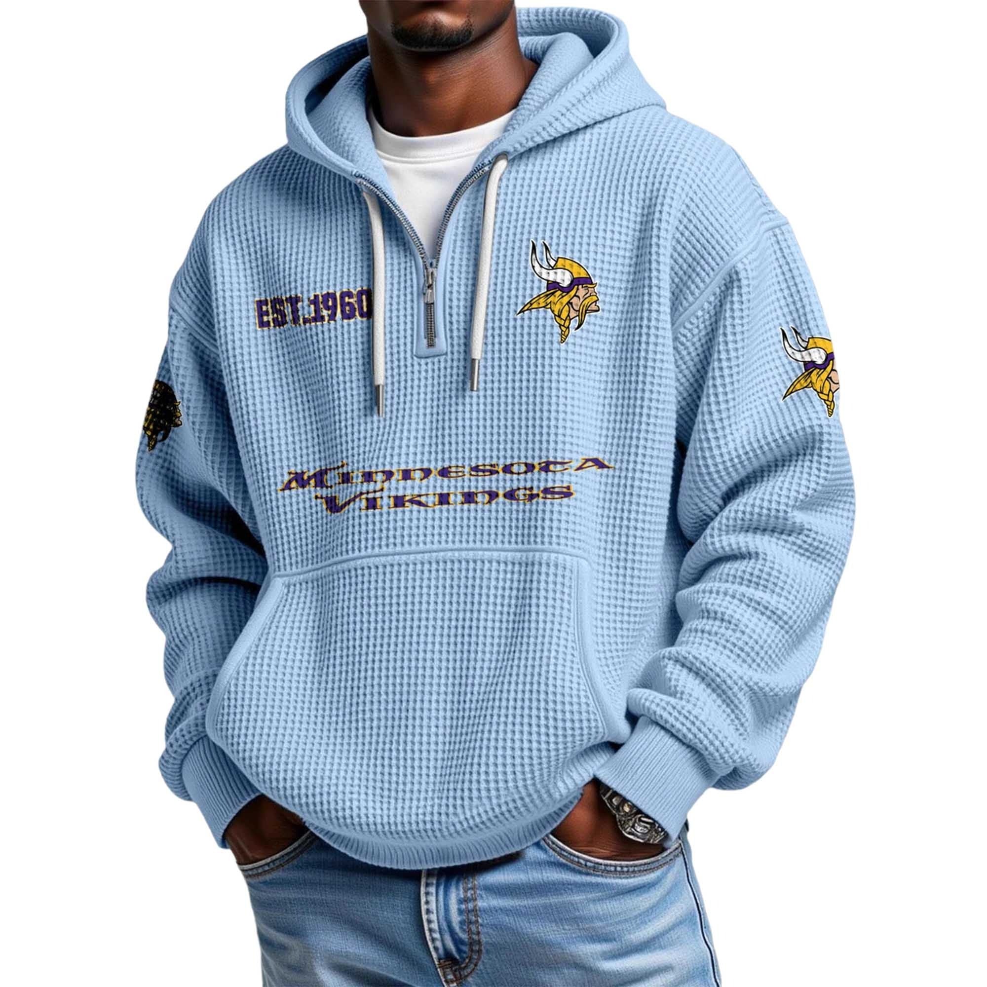 Minnesota Vikings Football Team Themed Hoodie With Quarter Zip And Classic EST 1960 Logo