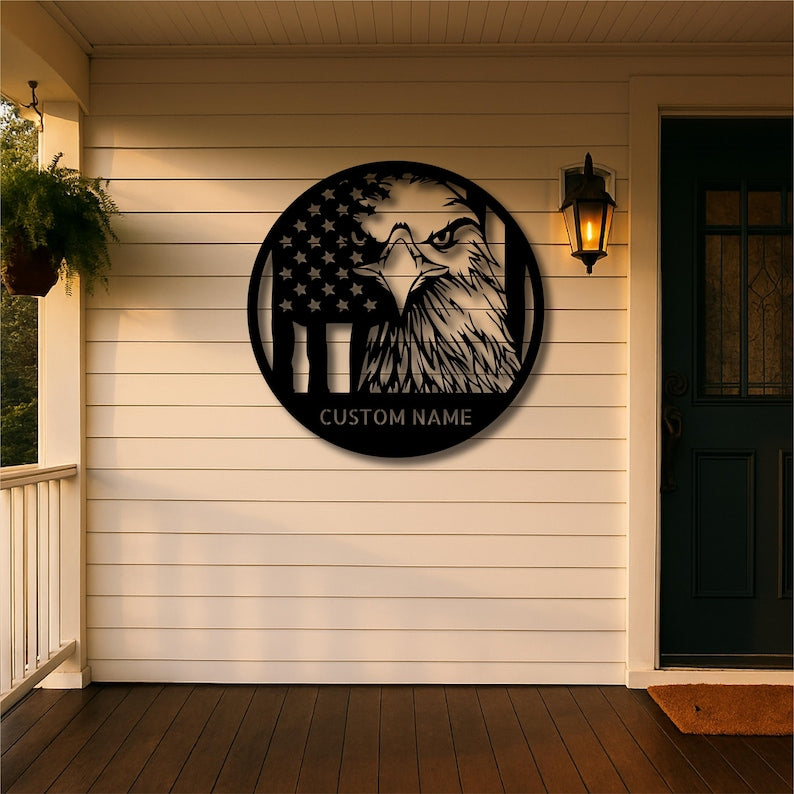 Custom Eagle Metal Wall Art Personalized American Flag Sign Patriotic Round Steel Wall Decor for Veterans, Military, Garage or Man Cave