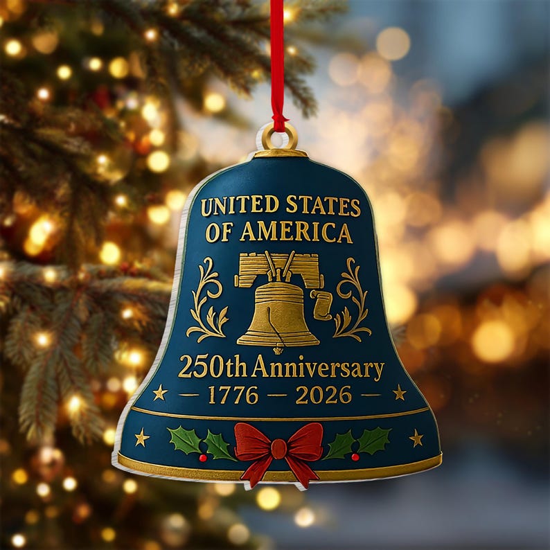 USA 250th Anniversary Ornament, 1776-2026 Liberty Bell Keepsake, America 250 Years Semiquincentennial Christmas Decor, Historical Gift, 2D Flat Ornament