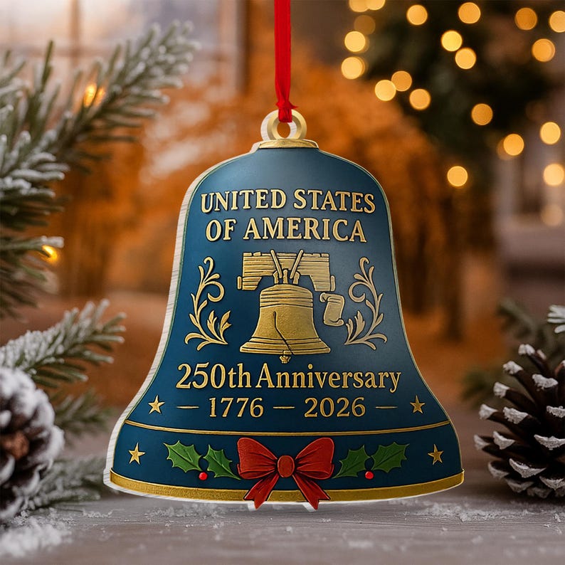 USA 250th Anniversary Ornament, 1776-2026 Liberty Bell Keepsake, America 250 Years Semiquincentennial Christmas Decor, Historical Gift, 2D Flat Ornament