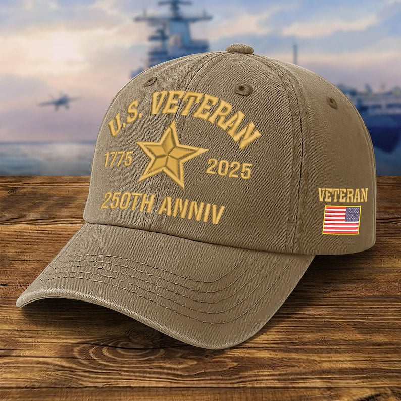 Embroidered Veteran Hats - 250th Anniv Military Cap, Embroidered Patch Design, Adjustable Baseball Cap, Father's Day Gift, Vets Gifts