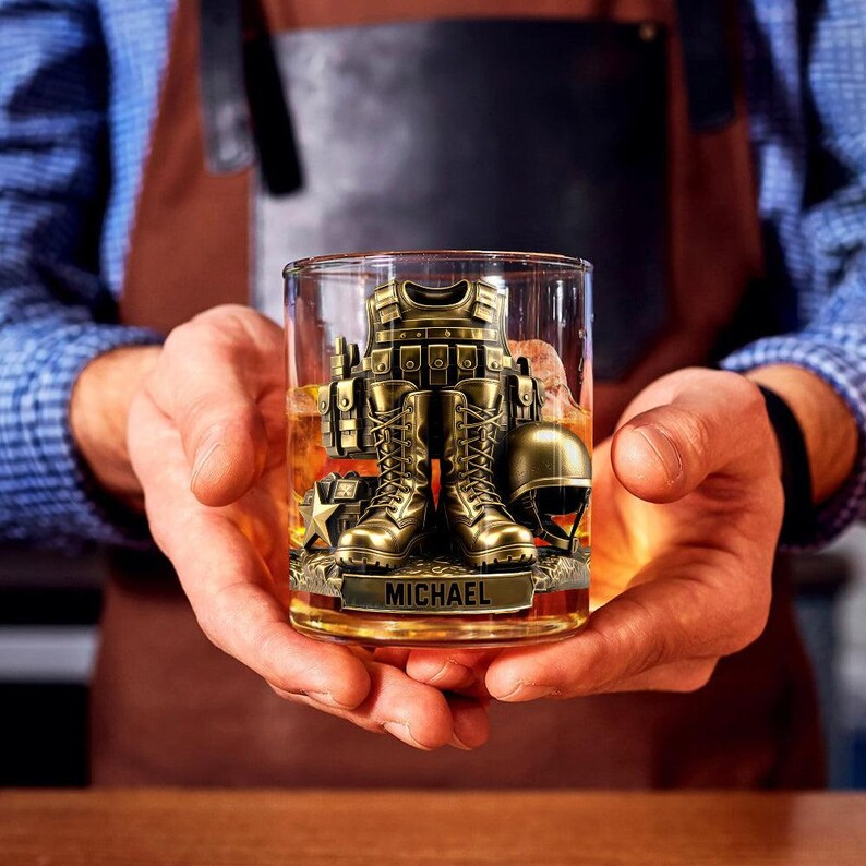 Custom Name 250th US Military Whiskey Glass Gold, Soldier Boots Whiskey Glass, Army Veteran Whiskey Cup, Retro Barware Decor Gift